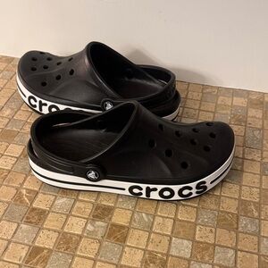 CROCS Black Clogs with White Detailing men 7 women 9